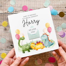 Load image into Gallery viewer, Personalised Dinosaur Card - Handmade Kids Birthday Card With Watercolour Dino Art &amp; Mini Envelope