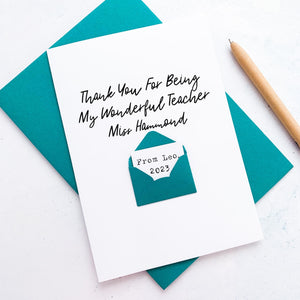 Teacher Thank You Card, Personalised Thank You Teacher Card, Wonderful Teacher, Teaching Assistant, End Of Term Gift For Teacher