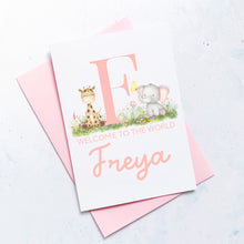 Load image into Gallery viewer, Personalised New Baby Card, Safari Animals, Gift for New Baby, Baby Card, Congratulations card, Alphabet,