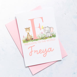 Personalised New Baby Card, Safari Animals, Gift for New Baby, Baby Card, Congratulations card, Alphabet,