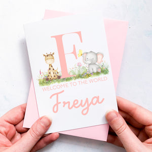 Personalised New Baby Card, Safari Animals, Gift for New Baby, Baby Girl Card, Congratulations card, Alphabet