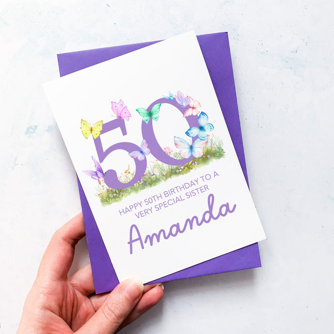 Personalised 50th Birthday Butterfly Card, Card for Daughter, For Partner, Birthday Card, For Best Friend, Fiftieth Birthday Gift