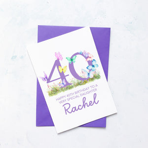 Personalised 40th Birthday Butterfly Card, Card for Daughter, For Partner, Birthday Card, For Best Friend, Fortieth Birthday Gift