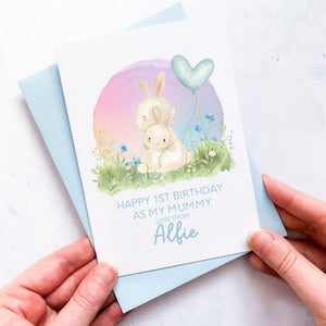 Personalised 1st Birthday As A Mummy Card, Card For Mum, Card For Grandma, From Boy, New Mum Birthday Card, New Grandma Card, Cute Bunnies