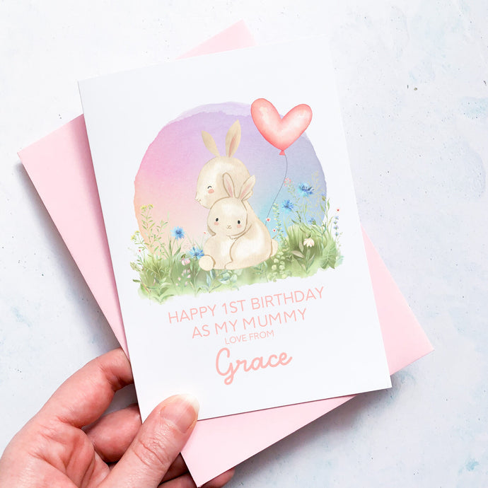 Personalised 1st Birthday As A Mummy Card, Card For Mum, Card For Grandma, From Girl, New Mum Birthday Card, New Grandma Card, Cute Bunnies