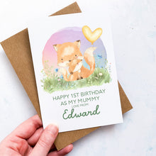 Load image into Gallery viewer, Personalised 1st Birthday As A Mummy Card, Card For Mum, Card For Grandma, From Child, New Mum Birthday Card, New Grandma Card, Cute Foxes