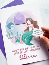 Load image into Gallery viewer, Personalised Children&#39;s Mermaid Birthday Card, Card for Daughter, Card for Granddaughter, Child&#39;s Birthday Card, Any Age Birthday, 3D