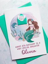 Load image into Gallery viewer, Personalised Children&#39;s Mermaid Birthday Card, Card for Daughter, Card for Granddaughter, Child&#39;s Birthday Card, Any Age Birthday, 3D