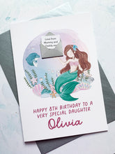 Load image into Gallery viewer, Personalised Children&#39;s Mermaid Birthday Card, Card for Daughter, Card for Granddaughter, Child&#39;s Birthday Card, Any Age Birthday, 3D