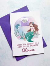 Load image into Gallery viewer, Personalised Children&#39;s Mermaid Birthday Card, Card for Daughter, Card for Granddaughter, Child&#39;s Birthday Card, Any Age Birthday, 3D