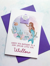 Load image into Gallery viewer, Personalised Children&#39;s Mermaid Birthday Card, Card for Daughter, Card for Granddaughter, Child&#39;s Birthday Card, Any Age Birthday, 3D