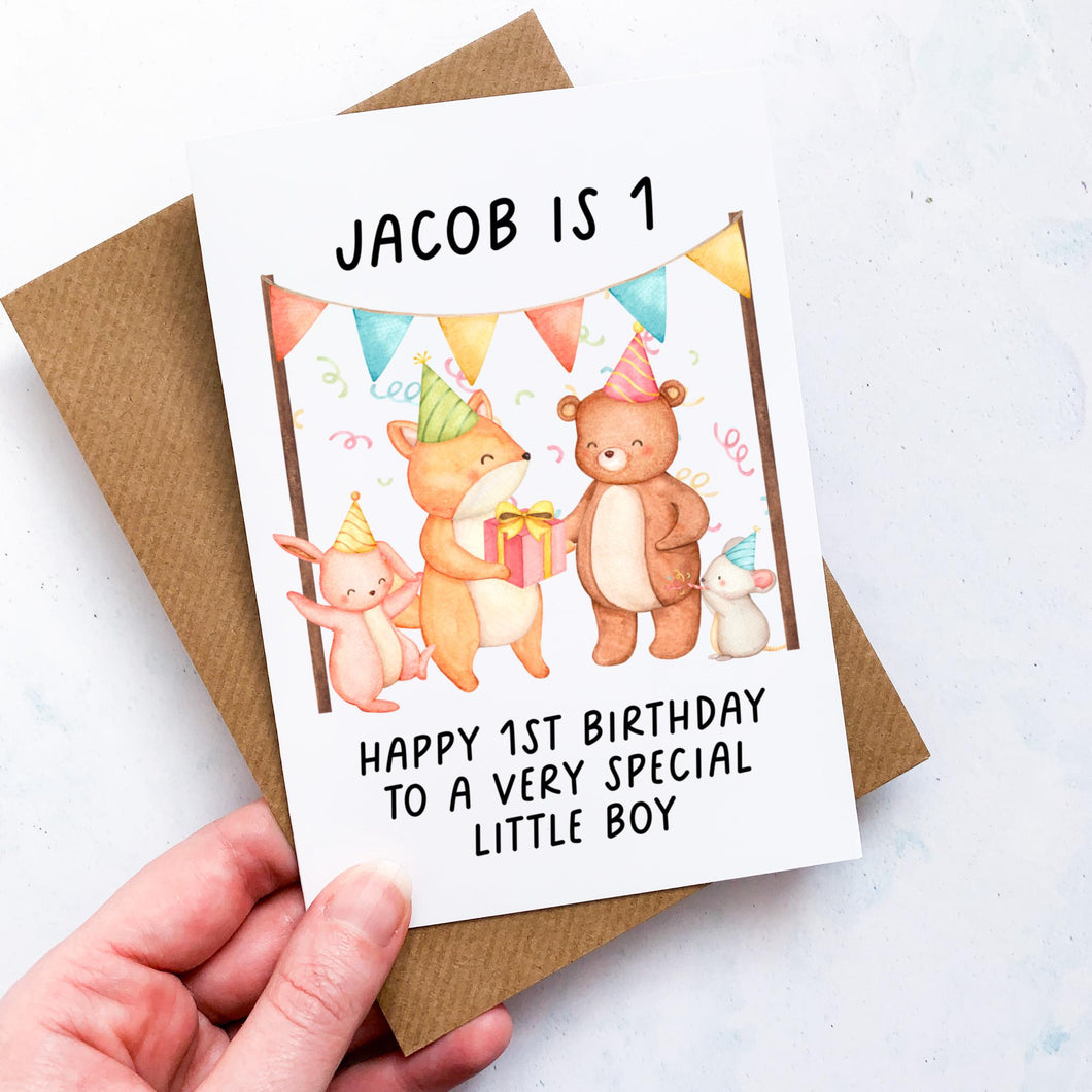 Personalised 1st Birthday Card, Card For Baby, Child Card, Children's Birthday Card, Card For Grandchild, Woodland Animals,1st Birthday Gift