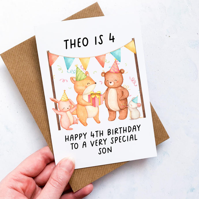 Personalised 4th Birthday Card, Card For Baby, Child Card, Children's Birthday Card, Card For Grandchild, Woodland Animals,4th Birthday Gift