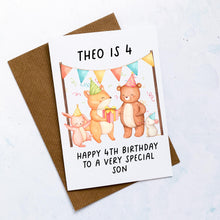 Load image into Gallery viewer, Personalised 4th Birthday Card, Card For Baby, Child Card, Children&#39;s Birthday Card, Card For Grandchild, Woodland Animals,4th Birthday Gift