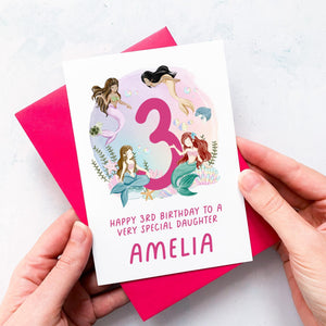 Personalised 3rd Birthday Card, Daughter Granddaughter Niece Goddaughter Little Girl, Children&#39;s Birthday, Mermaid, Third Birthday Gift