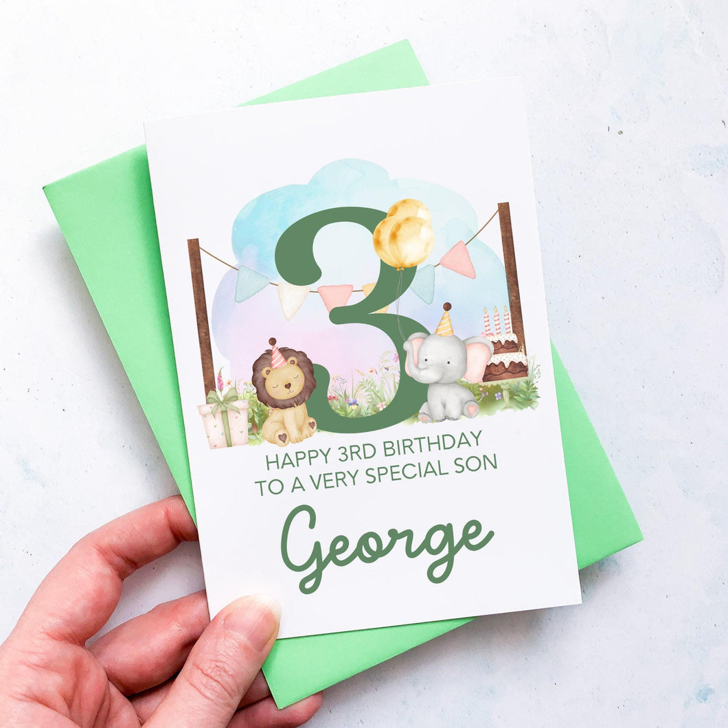 Personalised 3rd Birthday Card, Card For Baby, Child Card, Children's Birthday Card, Card For Grandchild, Safari Animals, 3rd Birthday Gift