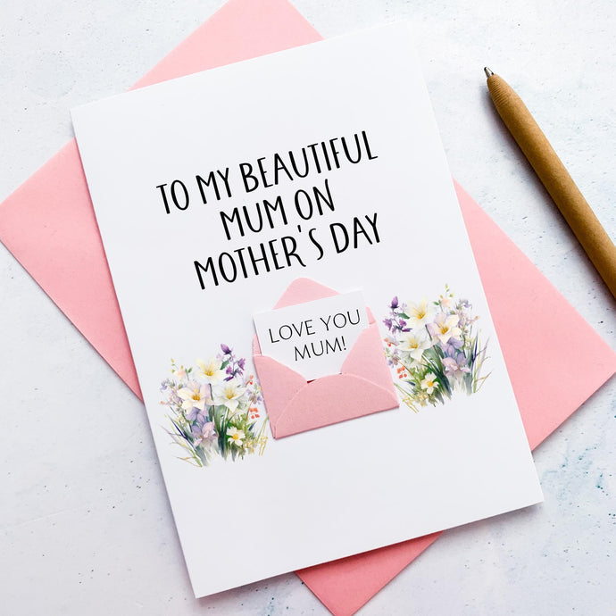 Beautiful Mum on Mother's Day Card, Personalised Mother's Day Card, Card for Mum, Mothering Sunday, Pretty Daffodil, Sentimental Card