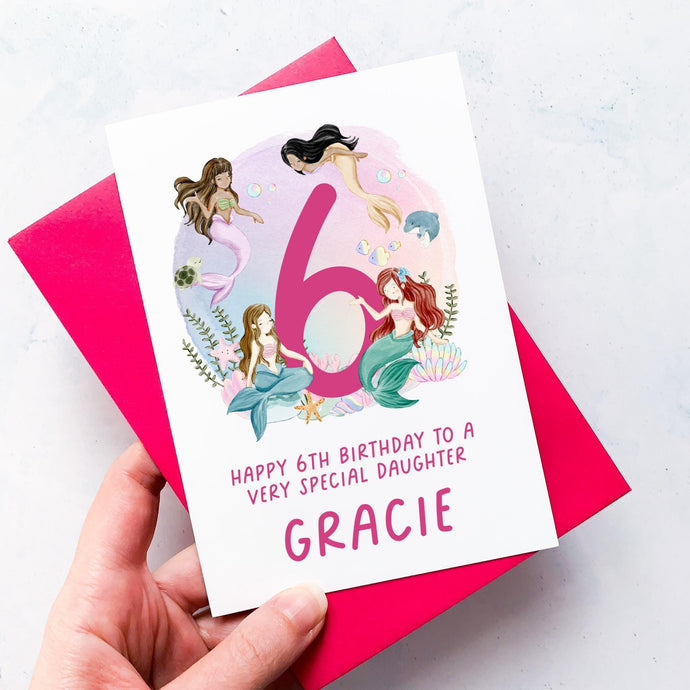 Personalised 6th Birthday Card, Daughter Granddaughter Niece Goddaughter Little Girl, Children's Birthday, Cute Mermaid, Sixth Birthday Gift