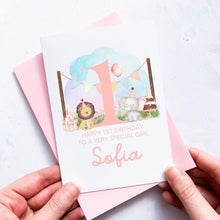 Load image into Gallery viewer, Personalised 1st Birthday Animal Card, Daughter Granddaughter Niece Goddaughter Little Girl, Children&#39;s Birthday, First Birthday Gift