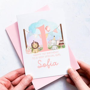 Personalised 1st Birthday Animal Card, Daughter Granddaughter Niece Goddaughter Little Girl, Children&#39;s Birthday, First Birthday Gift