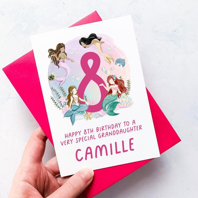 Personalised 8th Birthday Card, Daughter Granddaughter Niece Goddaughter Little Girl, Children's Birthday, Mermaid, Eighth Birthday Gift