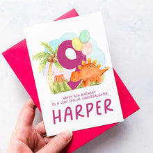 Load image into Gallery viewer, Personalised 9th Birthday Card, Daughter Granddaughter Niece Goddaughter Little Girl, Children&#39;s Birthday, Dinosaur, Ninth Birthday Gift