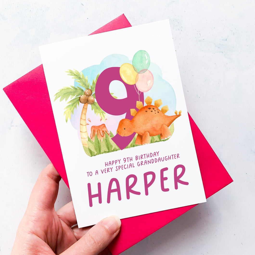 Personalised 9th Birthday Card, Daughter Granddaughter Niece Goddaughter Little Girl, Children's Birthday, Dinosaur, Ninth Birthday Gift