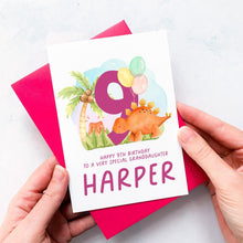 Load image into Gallery viewer, Personalised 9th Birthday Card, Daughter Granddaughter Niece Goddaughter Little Girl, Children&#39;s Birthday, Dinosaur, Ninth Birthday Gift