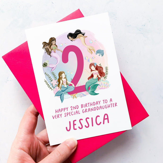 Personalised 2nd Birthday Card, Daughter Granddaughter Niece Goddaughter Little Girl, Children's Birthday, Mermaid, Second Birthday Gift