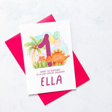 Load image into Gallery viewer, Personalised 1st Birthday Dinosaur Card, Daughter Granddaughter Niece Goddaughter Little Girl, Children&#39;s Birthday, First Birthday Gift