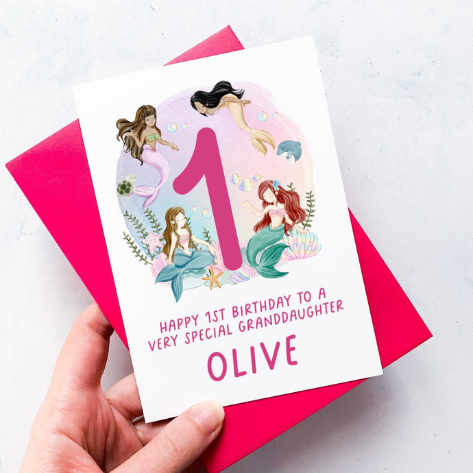 Personalised 1st Birthday Mermaid Card, Daughter Granddaughter Niece Goddaughter Little Girl, Children's Birthday, 1st Birthday Gift