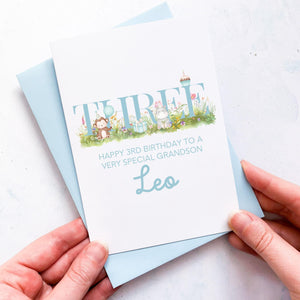 Personalised 3rd Birthday Card, Son Grandson Nephew Godson Little Boy, Children&#39;s Birthday, For Child, Third Birthday Gift, Cute Animals