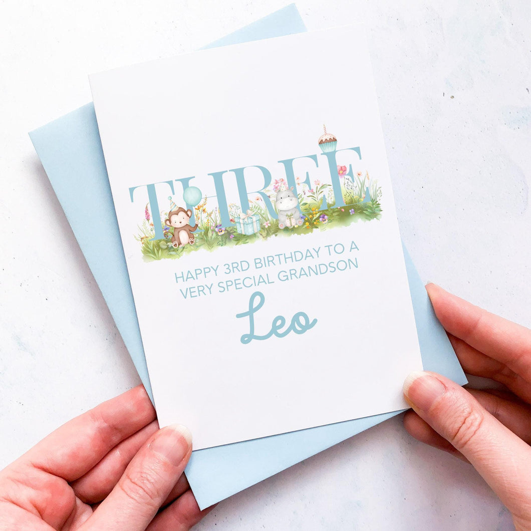 Personalised 3rd Birthday Card, Son Grandson Nephew Godson Little Boy, Children's Birthday, For Child, Third Birthday Gift, Cute Animals