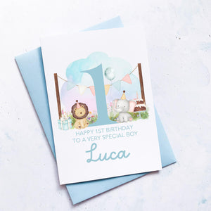 Personalised 1st Birthday Card, Son Grandson Nephew Godson Little Boy, Children&#39;s Birthday, For Child, First Birthday Gift, Cute Animals
