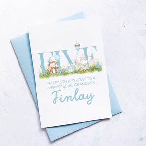 Personalised 5th Birthday Card, Son Grandson Nephew Godson Little Boy, Children&#39;s Birthday, For Child, Fifth Birthday Gift, Cute Animals
