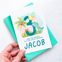 Load image into Gallery viewer, Personalised 3rd Birthday Card, Son Grandson Nephew Godson Little Boy, Children&#39;s Birthday, For Child, Third Birthday Gift, Cute Dinosaurs
