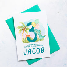 Load image into Gallery viewer, Personalised 3rd Birthday Card, Son Grandson Nephew Godson Little Boy, Children&#39;s Birthday, For Child, Third Birthday Gift, Cute Dinosaurs
