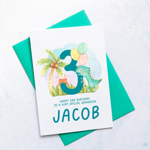 Personalised 3rd Birthday Card, Son Grandson Nephew Godson Little Boy, Children&#39;s Birthday, For Child, Third Birthday Gift, Cute Dinosaurs