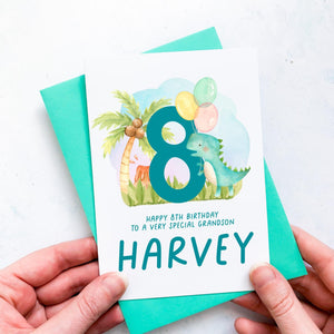 Personalised 8th Birthday Card, Son Grandson Nephew Godson Little Boy, Children&#39;s Birthday, For Child, Eighth Birthday Gift, Cute Dinosaurs