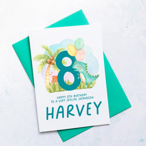Personalised 8th Birthday Card, Son Grandson Nephew Godson Little Boy, Children&#39;s Birthday, For Child, Eighth Birthday Gift, Cute Dinosaurs