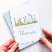 Load image into Gallery viewer, Personalised 4th Birthday Card, Son Grandson Nephew Godson Little Boy, Children&#39;s Birthday, For Child, Fourth Birthday Gift, Cute Animals