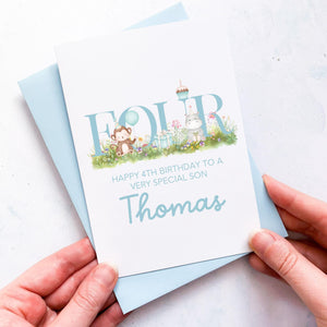 Personalised 4th Birthday Card, Son Grandson Nephew Godson Little Boy, Children&#39;s Birthday, For Child, Fourth Birthday Gift, Cute Animals