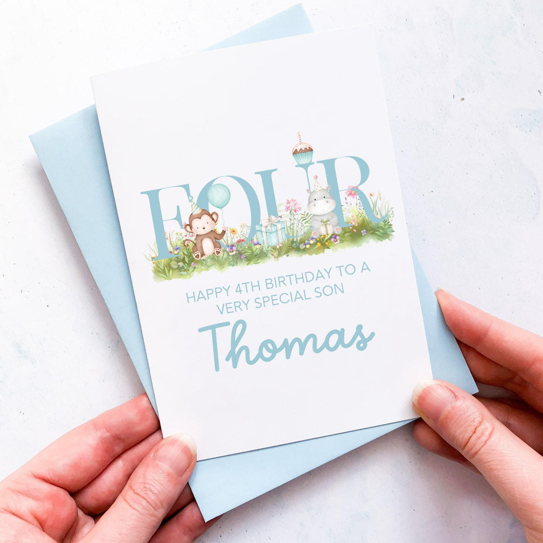 Personalised 4th Birthday Card, Son Grandson Nephew Godson Little Boy, Children's Birthday, For Child, Fourth Birthday Gift, Cute Animals