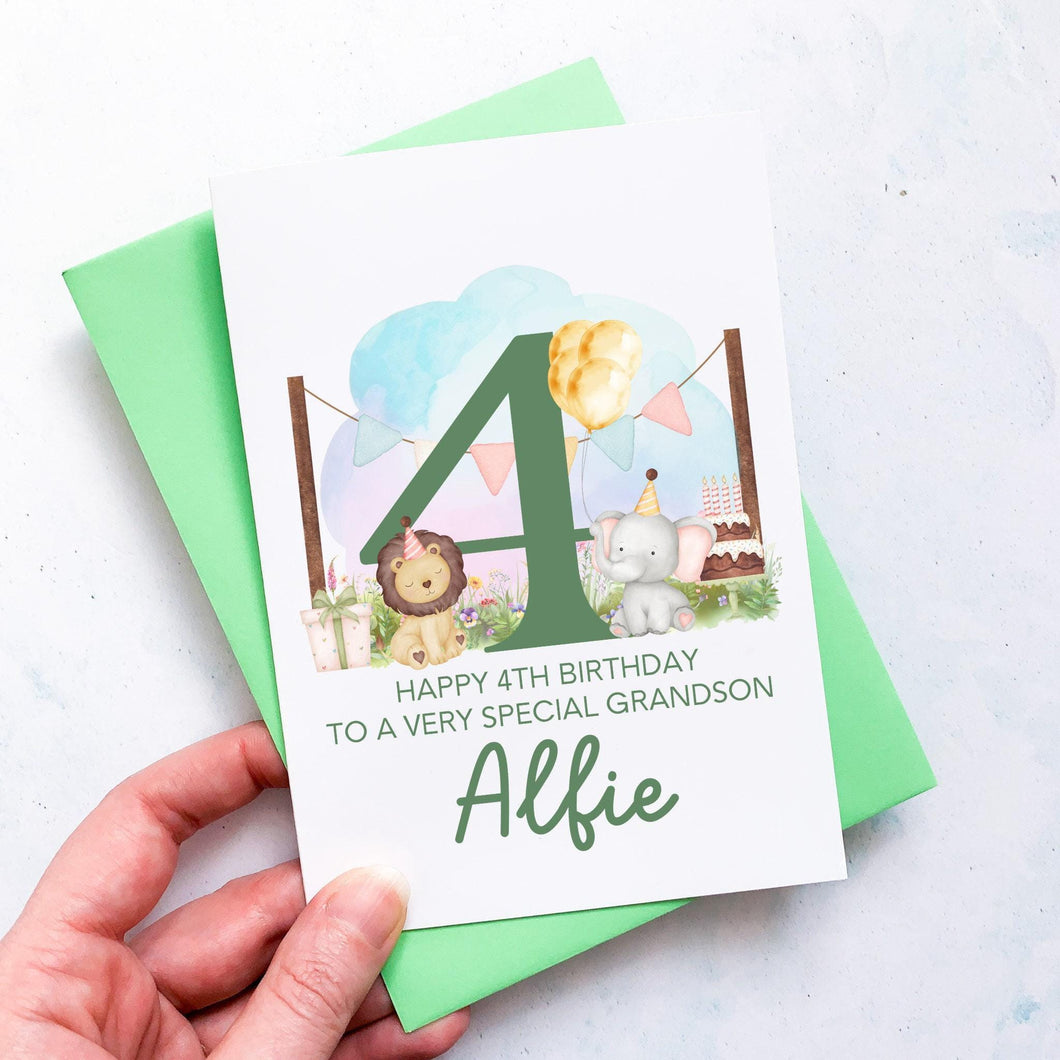 Personalised 4th Birthday Card, Son Grandson Nephew Godson Little Boy, Children's Birthday, For Child, Fourth Birthday Gift, Cute Animals