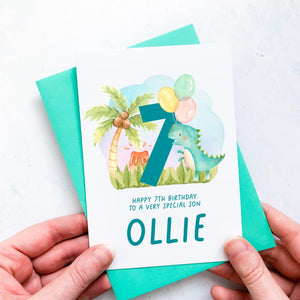 Personalised 7th Birthday Card, Son Grandson Nephew Godson Little Boy, Children&#39;s Birthday, For Child, Seventh Birthday Gift, Cute Dinosaurs