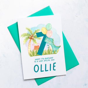 Personalised 7th Birthday Card, Son Grandson Nephew Godson Little Boy, Children&#39;s Birthday, For Child, Seventh Birthday Gift, Cute Dinosaurs