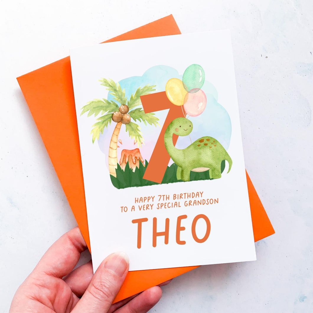 Personalised 7th Birthday Card, Son Grandson Nephew Godson Little Boy, Children's Birthday, For Child, Seventh Birthday Gift, Cute Dinosaurs