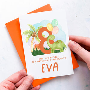 Personalised 8th Birthday Card, Son Grandson Nephew Godson Little Boy, Children&#39;s Birthday, For Child, Eighth Birthday Gift, Cute Dinosaurs