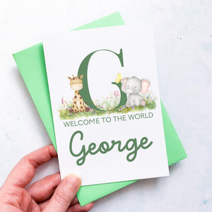 Personalised New Baby Card, Safari Animals, Gift for New Baby, Baby Card, Congratulations card, Alphabet,
