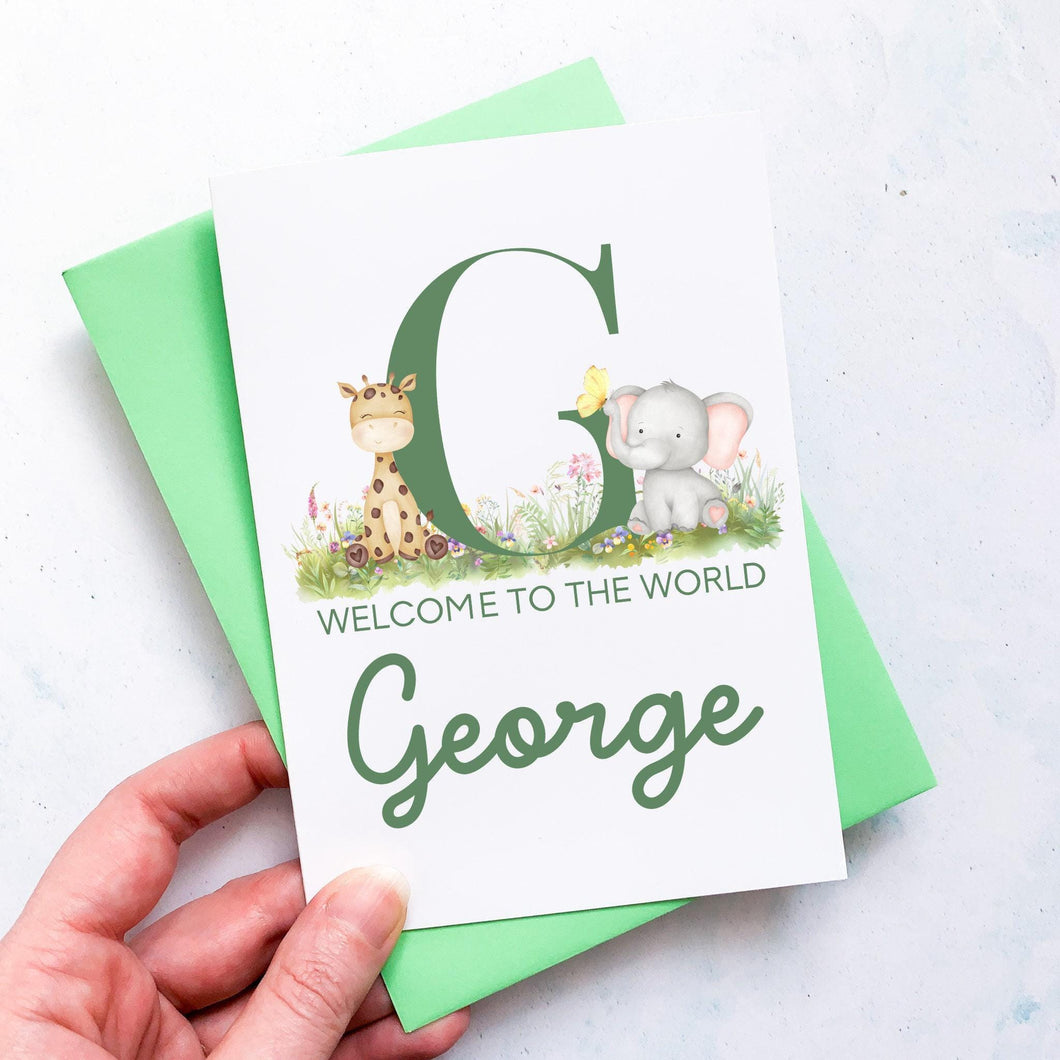 Personalised New Baby Card, Safari Animals, Gift for New Baby, Baby Card, Congratulations card, Alphabet,